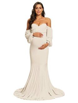 MYZEROING Maternity Off Shoulder Dress, Mermaid Fit Maxi Gown for Baby Shower, Photo Shoot