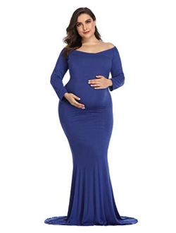 Maternity Long Dress Ruffles Elegant Maxi Photography Dress Stretchy Slim Gowns for Photoshoot