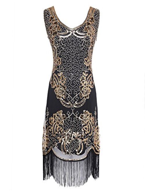 Women's 1920s Flapper Dress Sequin Beaded V Neck Tassels Hem Great Gatsby Cocktail Dress
