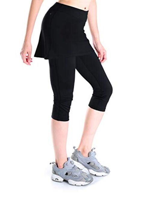 Yogipace Women's UV Protective Capri Leggings with Skirt, Running Skirted Capri, Active Skort with Golf Tennis Ball Pockets