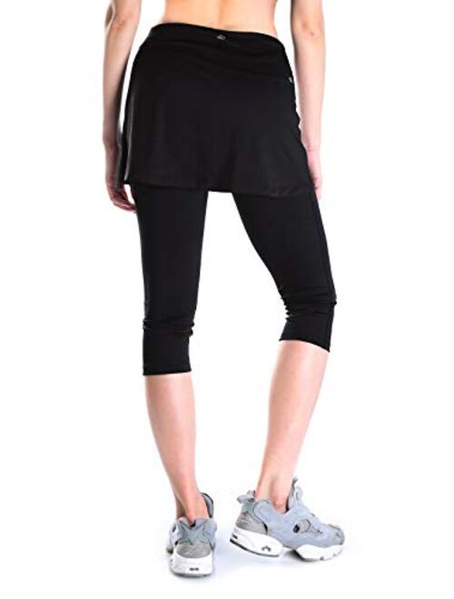 Yogipace Women's UV Protective Capri Leggings with Skirt, Running Skirted Capri, Active Skort with Golf Tennis Ball Pockets