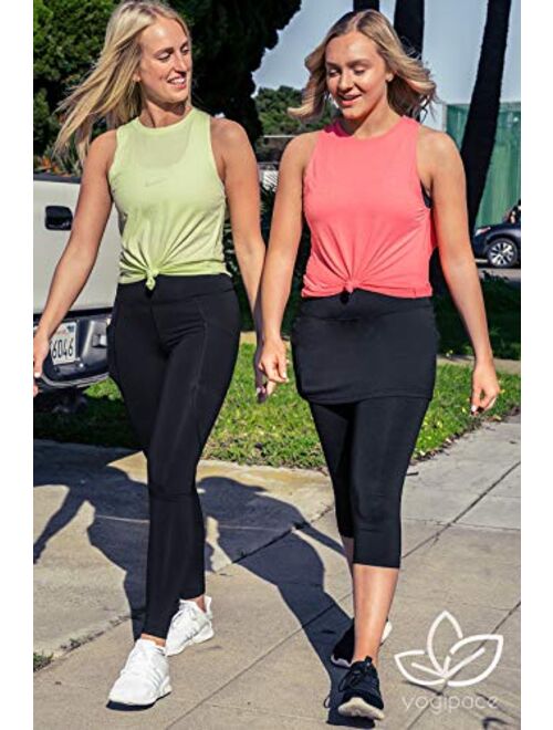 Yogipace Women's UV Protective Capri Leggings with Skirt, Running Skirted Capri, Active Skort with Golf Tennis Ball Pockets