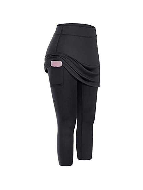 Claystyle Women Tennis Skirted Leggings with Pocket Capris Elastic Sports Run Golf Skorts (S, Black)