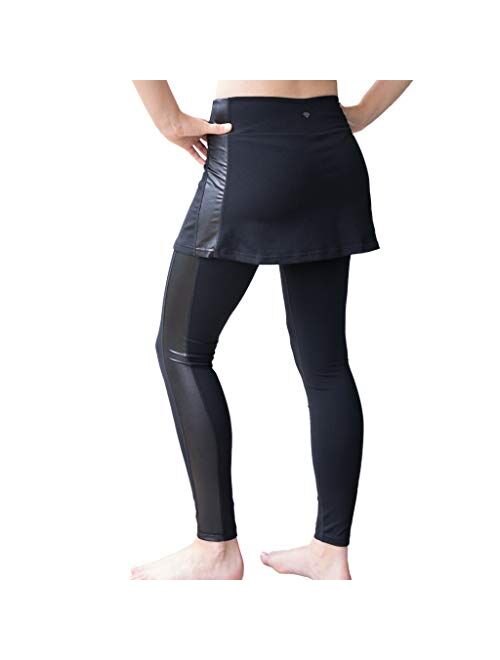 Garnet Label Women's Studio Skirted Legging with Side Stripe for Barre, Yoga, Tennis, Running.