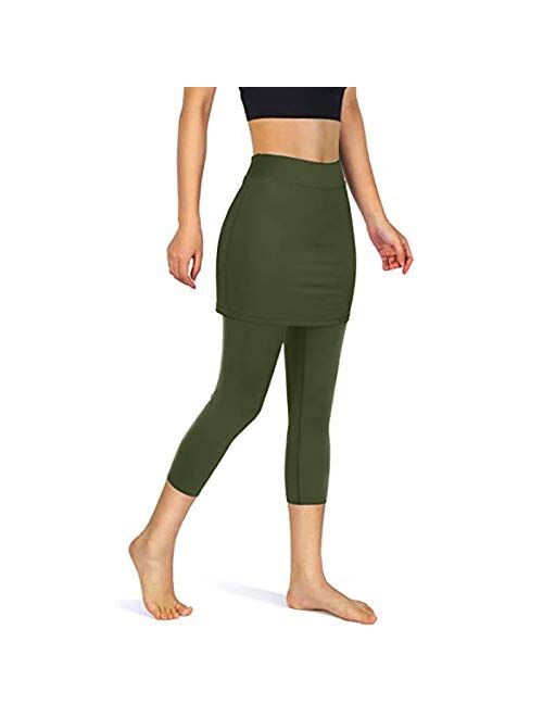 N\C DOAEGNG Womens Tennis Skirted Leggings Solid Color Yoga Pants Plus Size Capris with Side Pockets