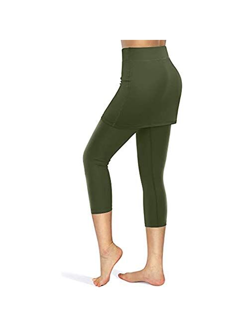 N\C DOAEGNG Womens Tennis Skirted Leggings Solid Color Yoga Pants Plus Size Capris with Side Pockets