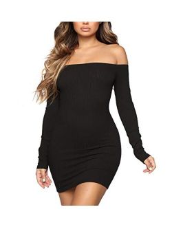 MiiVoo Women's Off Shoulder Long Sleeve Stretchy Sexy Bodycon Party Club Midi Dress