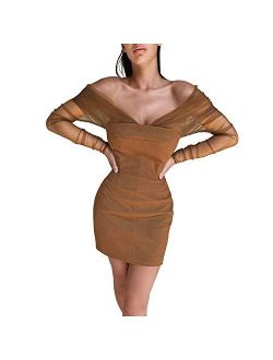 Nother Women's Sexy Elegant Off The Shoulder Mesh Long Sleeve Bodycon Mini Dress