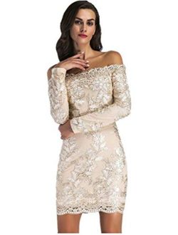Long Sleeve Off The Shoulder Scallop Hem Floral Embroidery Lace Mini Bodycon Dress