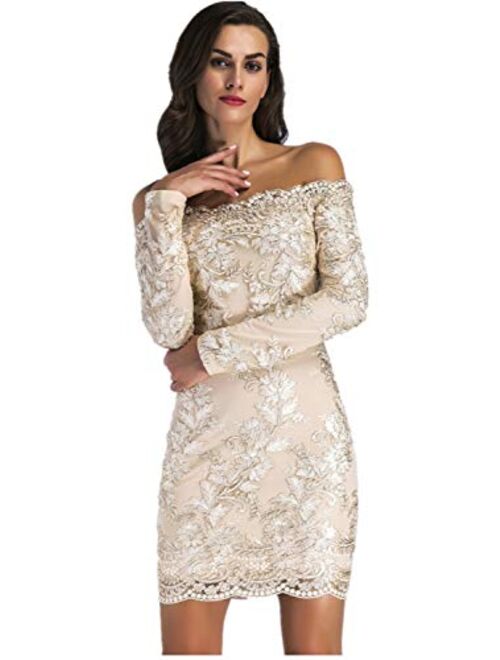 Long Sleeve Off The Shoulder Scallop Hem Floral Embroidery Lace Mini Bodycon Dress