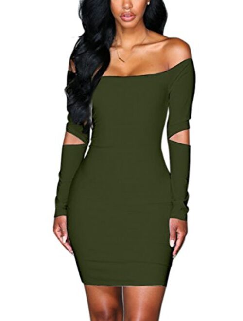Engood Women's Sexy Long Sleeve Off Shoulder Pencil Mini Dress Bodycon Cocktail Stretchy Dress