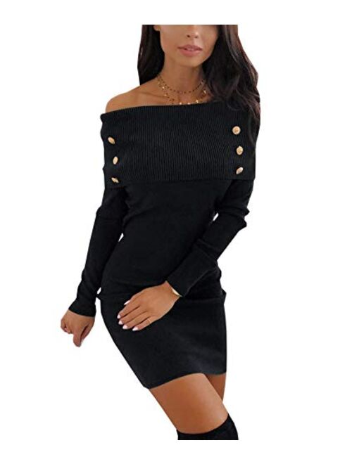 Bowanadacles Women Off Shoulder Long Sleeve Bodycon Mini Dresses Ribbed Black Sexy Knit Sweater Dress