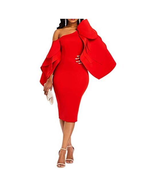 VERWIN Bodycon Dress for Woman Long Sleeve Knee-Length Ruffle Sleeve Off Shoulder Evening Dress