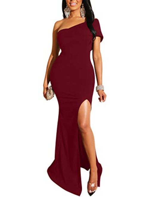 GOBLES Women's Sexy One Shoulder Evening Gowns Bodycon Side Split Maxi Dress