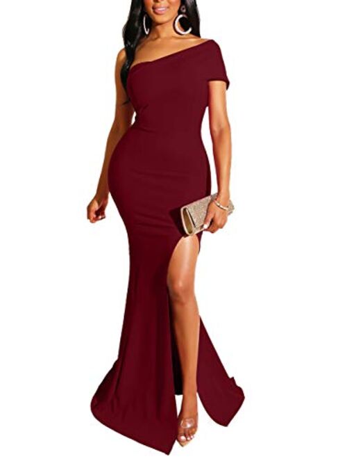 GOBLES Women's Sexy One Shoulder Evening Gowns Bodycon Side Split Maxi Dress