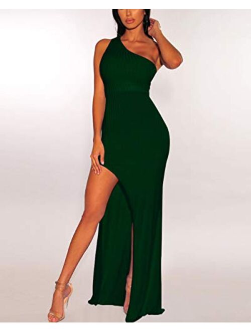 Womens Sexy One Off Shoulder Sleeveless High Split Ribbed Dress Beach Pencil Party Maxi Dresss