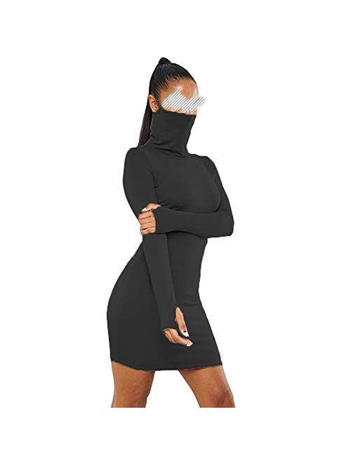 Antopmen Women Face Mask High Neck Long Sleeve with Thumb Hole Dress Slim Bodycon Mini Party Dresses