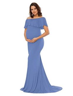 JustVH Women's Off Shoulder Ruffles Elegant Fitted Maternity Gown Slim Fit Maxi Photography Dress for Photo Shoot Dress