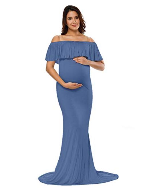 JustVH Women's Off Shoulder Ruffles Elegant Fitted Maternity Gown Slim Fit Maxi Photography Dress for Photo Shoot Dress
