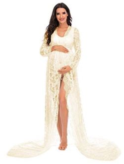 ZIUMUDY Maternity Deep V-Neck Split Front See-Through Maxi Lace Dress for Photography with Long Sleeve