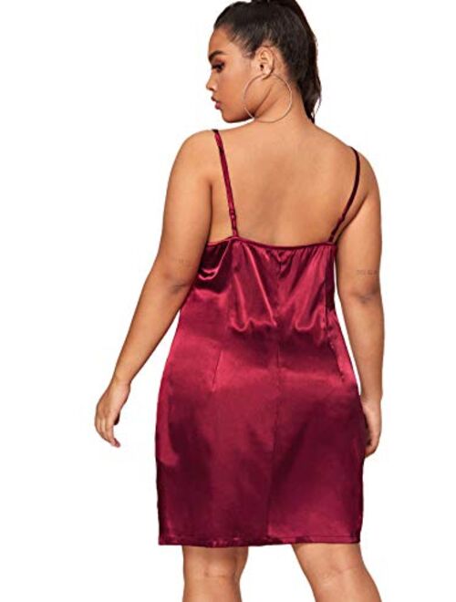 Romwe Women's Plus Size Sexy Satin Spaghetti Strap Cowl Neck Solid Party Cami Mini Dress