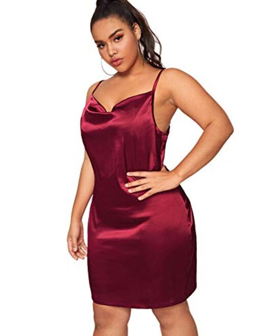 Romwe Women's Plus Size Sexy Satin Spaghetti Strap Cowl Neck Solid Party Cami Mini Dress