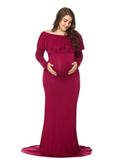 JustVH Maternity Fitted Elegant Gown Long Sleeve Off Shoulder Ruffles Maxi Photography Dress for Photoshoot