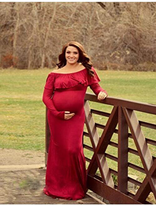 JustVH Maternity Fitted Elegant Gown Long Sleeve Off Shoulder Ruffles Maxi Photography Dress for Photoshoot