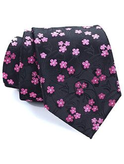 Black and Pink Floral Mens Necktie - Jacquard Woven Cherry Blossom Floral Tie - Flower Neck Tie
