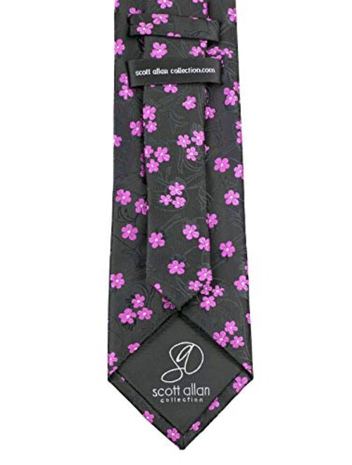 Scott Allan Black and Pink Floral Mens Necktie - Jacquard Woven Cherry Blossom Floral Tie - Flower Neck Tie