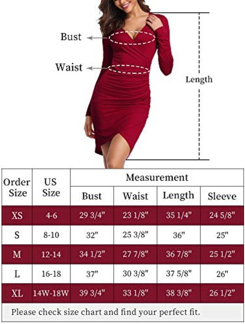 GUBERRY Womens Deep V Neck Long Sleeve Sexy Wrap Ruched Mini Club Bodycon Dress