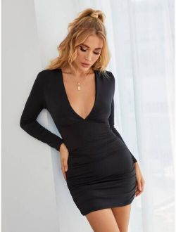 Plunging Neck Ruched Bodycon Dress