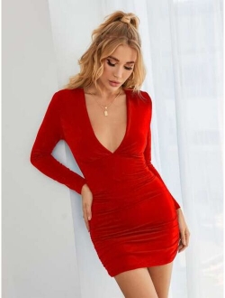 Plunging Neck Ruched Bodycon Dress