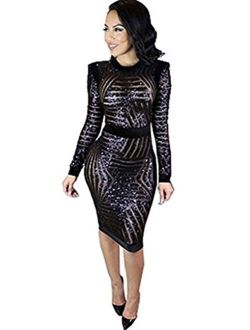 Kearia Womens Sexy Black Sequin Scoop Neck Long Sleeve Bodycon Party Midi Dress