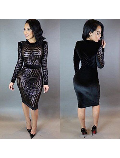 Kearia Womens Sexy Black Sequin Scoop Neck Long Sleeve Bodycon Party Midi Dress