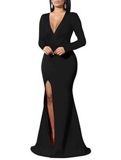 GOBLES Women's Sexy Long Sleeve V Neck Wrap Side Split Bodycon Cocktail Party Maxi Dress