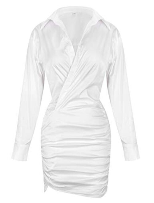 UONBOX Women's Long Sleeves Deep V Neck White Draped Shirt Dress