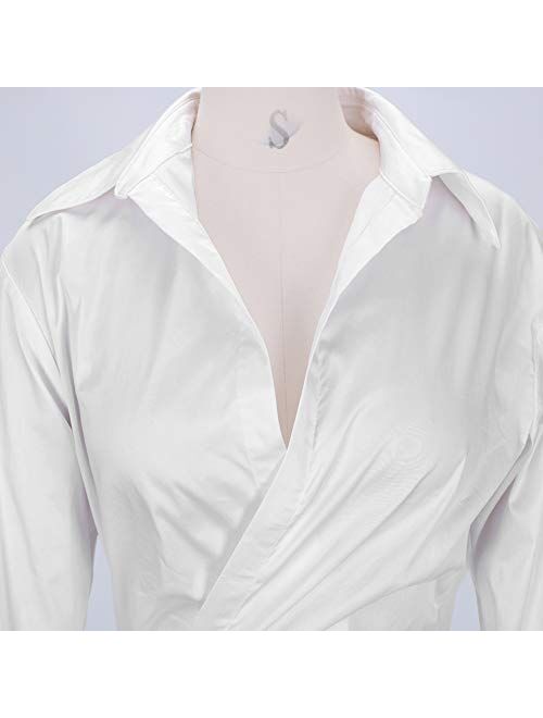 UONBOX Women's Long Sleeves Deep V Neck White Draped Shirt Dress