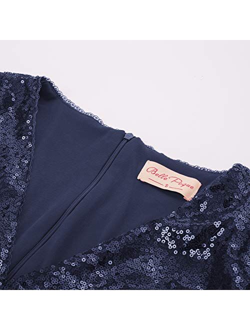 Belle Poque Vintage 50s Sequin Pencil Dress V Neck Glitter Dresses for Women