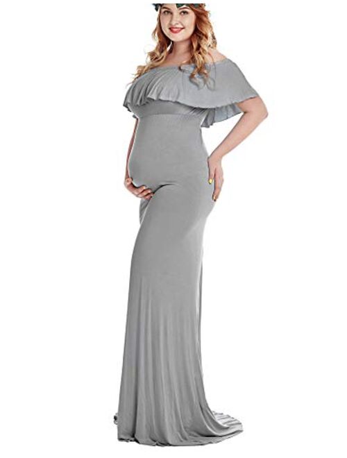 YOFEEL Women's Off Shoulder Ruffles Long Sleeves Slim Fitted Maternity Gown Maxi Photography Dress