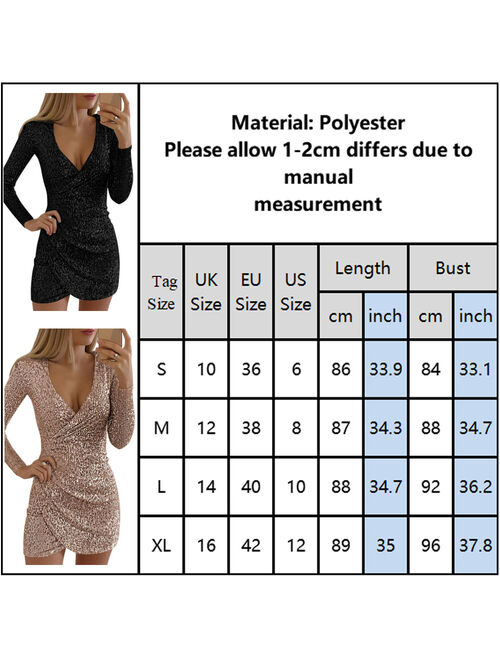 DYMADE Womens Sexy Sequin Glitter Deep V Neck Ruched Long Sleeve Mini Party Club Bodycon Dress