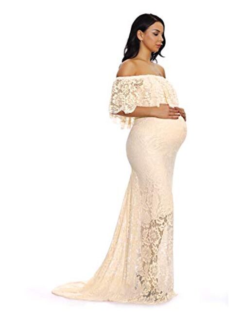 ZIUMUDY Off Shoulder Lace Floral Maternity Gown for Photography Maxi Short Sleeve Baby Shower Bridesmaid Dress 