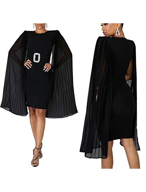 Women's Sexy Vintage Pleated Cape Long Sleeve Slim Fit Knee Length Bodycon Cocktail Party Pencil Dress Evening Gown