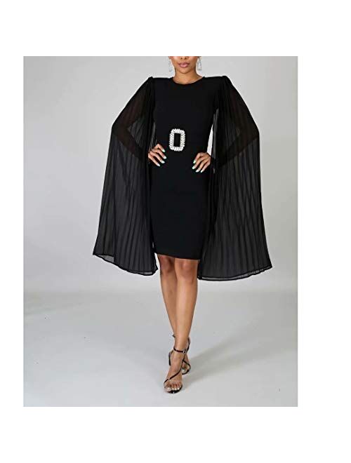 Women's Sexy Vintage Pleated Cape Long Sleeve Slim Fit Knee Length Bodycon Cocktail Party Pencil Dress Evening Gown
