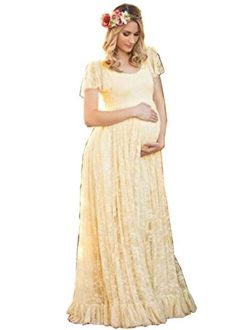 ZIUMUDY Maternity Lace Flutter Short Sleeve Photography Gown Maxi Dress for Baby Shower
