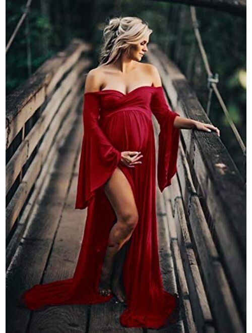 ZIUMUDY Maternity Off Shoulder Wraped Ruched Gown Split Front Maxi Photography Dress 
