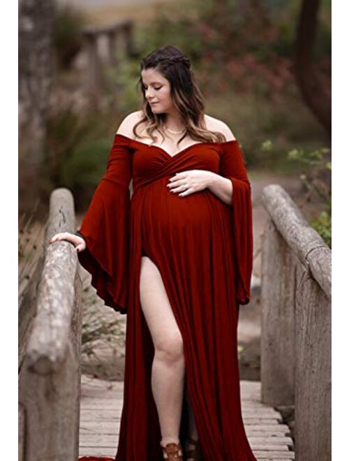 ZIUMUDY Maternity Off Shoulder Wraped Flare Sleeves Maxi Photography Dress Baby Shower Dress