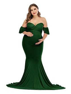 ZIUMUDY Off Shoulder Maternity Elegant Fitted Photo Shoot Gown Wraped Mermaid Baby Shower Dress