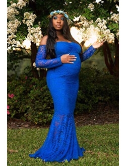 ZIUMUDY Women's Off Shoulder Long Sleeve Lace Maternity Gown Mermaid Maxi Photography Dress