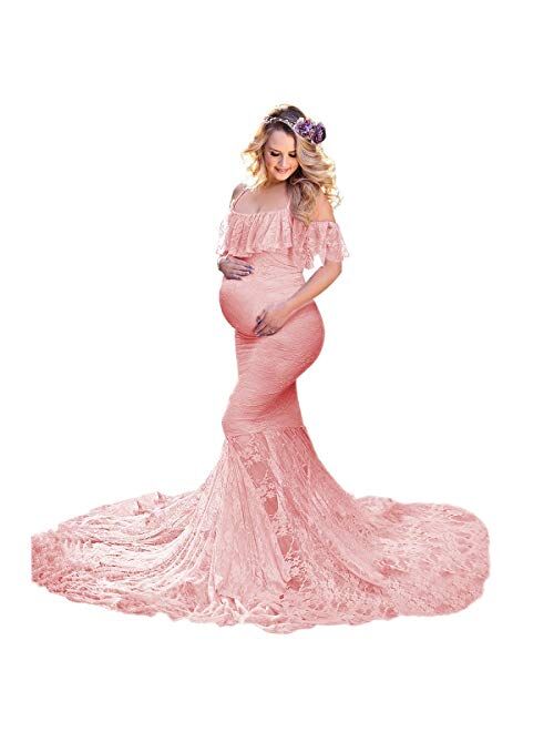 HIHCBF Women Lace Maternity Mermaid Gown Off Shoulder Ruffle Spaghetti Straps Fitted Photo Shoot Wedding Baby Shower Dress